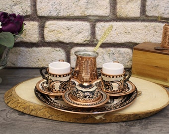 Turkish Coffee Set, Traditional Turkish Coffee Cups and Copper Coffee Pot, Unique Home Decor