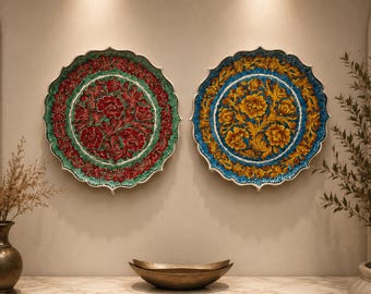 Set of 2 Turkish Ceramic Wall Plate, Handmade Tile  Decor, 12 Inch Decorative Plate with Stand, 9th Anniversary Pottery Gift, Wall Decor
