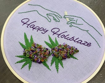 Happy Holiblaze Cannabis Embroidery, Holiday Cannabis Art, Marijuana Wall Art, Festive Weed Decoration, Gifts for Stoner, Gifts for Potheads
