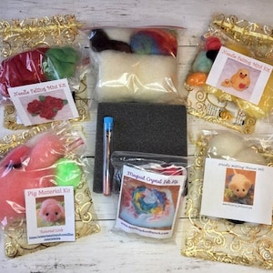 Needle Felting Kit Beginner Gift Pack, Chick, Mouse, Pig, Flower, Extra Core Wool and Roving, Felting Foam, Felting Needles