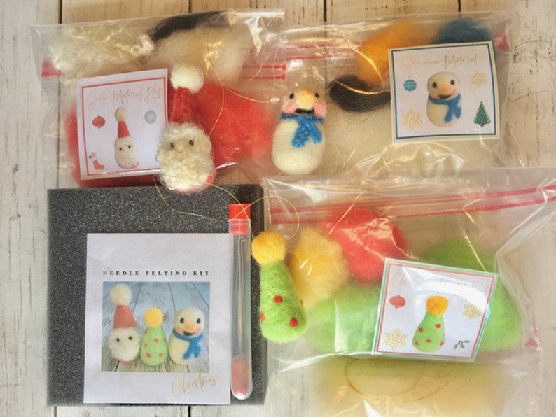 Needle Felting Kit Beginner DIY Christmas Ornament Set, Santa, Snowman, Tree image 1