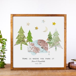 Cartello da campeggio personalizzato, regali di nozze e fidanzamento / Decorazione personalizzata per camper da viaggio, mappa artistica / Regalo per coppie di anniversari