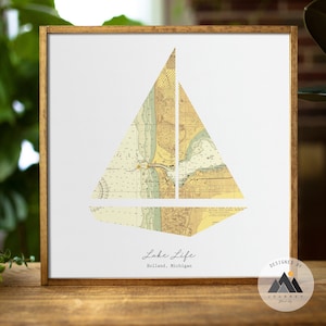 Legno Mappa di viaggio Arte Barca a vela Stampa Nautica Decor / Olanda Michigan Carta Nautica Città Natale Mappa Stampa / Nautica, Beach Wall Decor