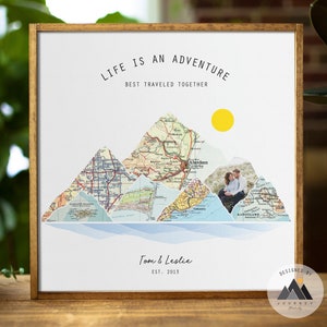 Mapa de viaje de montaña de madera personalizado Arte mural Fotográfico para parejas Regalos / Aniversario, Regalos de cumpleaños para esposo, esposa, Regalos de viajes de senderismo™