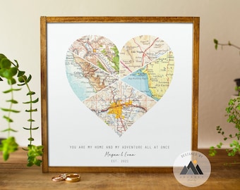 Custom Heart Map Unique Couples Wedding, Engagement Gifts | Anniversary Gifts for Husband, Wife Map Print