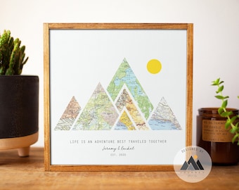 Custom Mountains Travel Map Art Print Gifts for Husband | Couples Personalized Wedding, Outdoorsy Engagement Gifts for Friends.