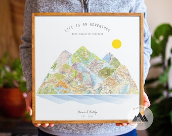 Customized Couples Travel Map Gifts | Personalized Adventure Map Print | Perfect Wedding/Anniversary Gift | Unique Home Decor Mountain Art™