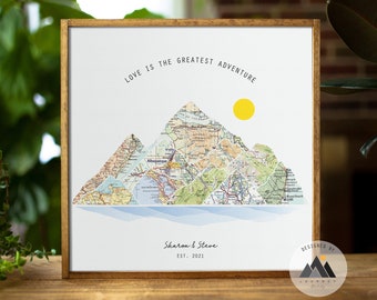 Landkarte für Paare | Benutzerdefinierte Geschenk zum 5. Jahrestag für Mann / Frau | Holz Berg Wand Kunst Travel Keepsake ™