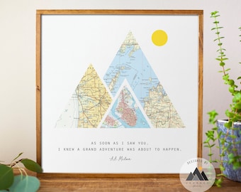 Benutzerdefinierte Karte Kunstdruck, Berg Reise Thema, personalisiertes Geschenk zum Jahrestag