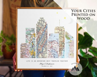 Personalized City Wall Map Art Wedding, Engagement Gifts | Wood Travel 50th Anniversary Map Gifts for Husband, Couples.™