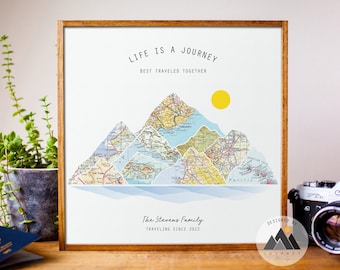 Mappa di montagna personalizzata per viaggi in famiglia, regalo di anniversario personalizzato