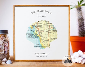 Our Beach House Custom Sign Map Art Print Housewarming Gifts | Lake House Beach Decor Wall Art Anniversary Gifts | Colorful Beach Ocean Art.