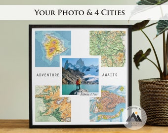 Personalized Adventure Awaits Wedding Gifts Travel Map Art | Anniversary, Birthday Gifts for Husband | Wood Wall Art Couples Photo Gift™