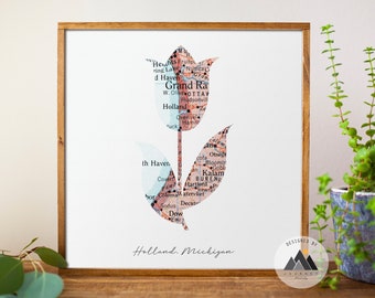 Mapa artístico de tulipanes de Holland, Michigan: Impresión de madera de la ciudad natal