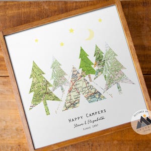 Cartelli da campeggio Happy Campers, regali per matrimoni e coppie / Arte con mappa di viaggio, regali per anniversario / Regali per amanti dei viaggi all'aria aperta, decorazioni per cabine per marito
