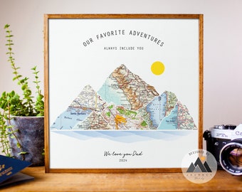 Custom Dad Birthday Gifts for Dad Travel Map Print | Mountain Map Wall Art Gifts for Him | Gifts for Dad from Son, Daughter