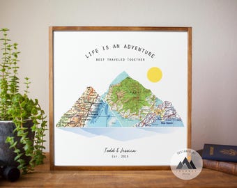 Personalized Mountain Map Wood Print: Adventure Travel Christmas Gift