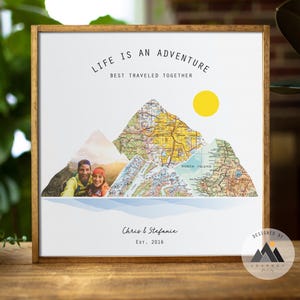 Mapa de viaje de montaña de madera personalizado, arte de pared con fotos para parejas, regalos de aniversario para esposos, regalos de viajes de senderismo.™