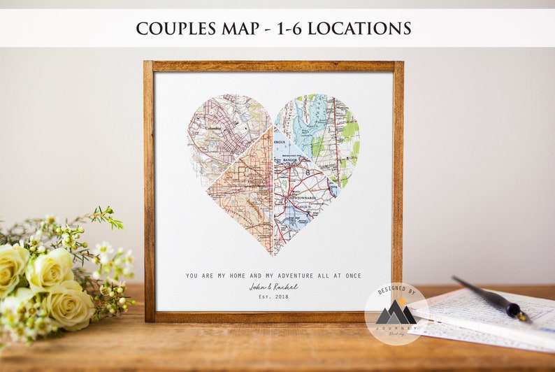 Heart divided into four maps features favorite travel destinations, wedding location, long distance relationship locations, etc.