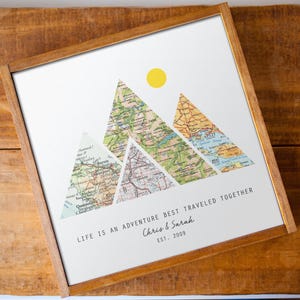 Arte mural de montaña de madera hecho a mano para el décimo aniversario / Regalo de mapa de viaje personalizado para él / Regalos de boda de arte geométrico únicos