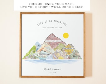 Where We Met Map Gift for Couples | Personalized Mountain Map on Wood | 5th Anniversary Gift | Custom Location Travel Wall Art