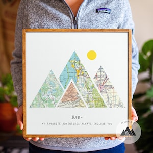 Regalos personalizados para el Día del Padre para papá, impresión artística de mapa de viaje / arte de pared con mapa de montaña, regalos para padre e hija / regalos para papá de parte de su hijo