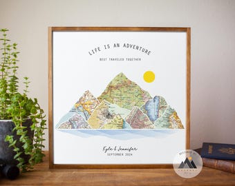 Carte de voyage en couple, cadeaux personnalisés du 5e anniversaire pour mari/femme | Art mural montagne bois personnalisé Aventure mariage, cadeaux de fiançailles.™