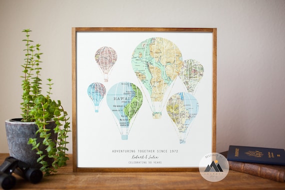 Custom Hot Air Balloon Map Print | Anniversary Travel Gift