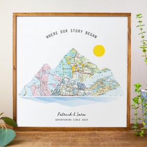 Where It All Began Mountain Map | Custom Location Map on Wood | Travel Story Map Anniversary Gift | Couple Travel Map Art