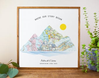Wo alles begann Karte | Benutzerdefinierte Lageplan auf Holz | Travel Story Map Jahrestag Geschenk | Paar Reise Landkarte Kunst