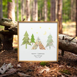 Glückliche Camper Paare Camping Schilder Hochzeit Wandern Geschenke | Travel Map Art Geschenke Jahrestag | Reise-Dekor Outdoorsy Reise-Liebhaber-Geschenke