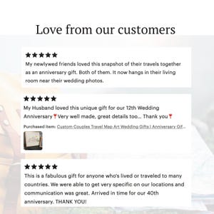 May include: Five-star reviews for a custom travel map art wedding gift. The reviews highlight the unique and personalized nature of the gift, mentioning its high quality and the ability to customize it with specific locations. One review mentions the gift being perfect for a 12th wedding anniversary, while another mentions using it as an anniversary gift for newlyweds.