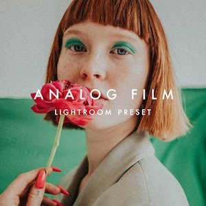 May include: A woman with red hair and green eyeshadow holds a pink flower to her lips. The text "ANALOG FILM LIGHTROOM PRESET" is displayed on the image.