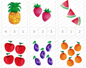 Hand painted counting fruit cards.