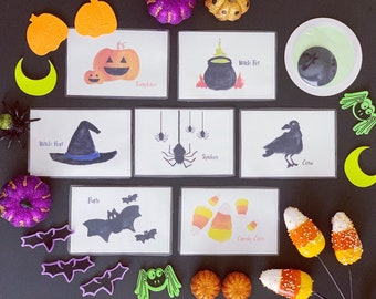 Hand painted watercolor halloween flashcards.