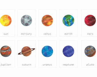 Hand painted watercolor planets flash cards