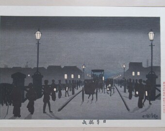 Holzschnitt-Reproduktion/Kiyochika: Nacht an der Nihonbashi Brücke