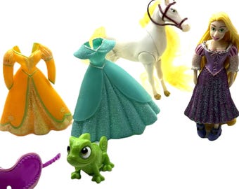 Disney Princess Polly Pocket Style Mini Dolls Rapunzel- Dresses, Pascal, Maximus