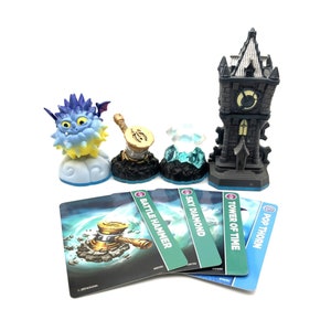 May include: A blue and yellow Skylanders character with a cloud base, a golden hammer, a blue gem, and a black tower with a clock face. The set also includes four trading cards with the names "Pop Thorn", "Tower of Time", "Sky Diamond", and "Battle Hammer".