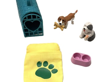 Puppy in my Pocket Kennel, Blanket, Bowl and Two Dogs