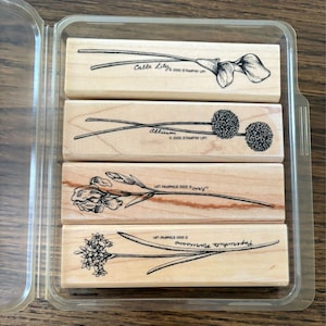 May include: A set of four rectangular wooden rubber stamps housed in a clear plastic case. Each stamp features a black ink botanical illustration of a flower, including a Calla Lily, Allium, Iris, and Paperwhite Narcissus, with text labels.