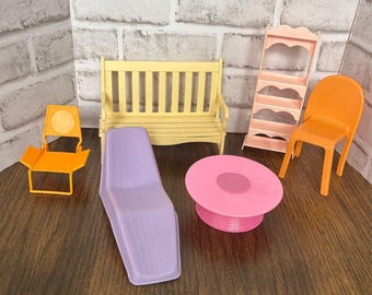 Barbie Doll Vintage Furniture set Patio Lounge Chair, Bench, Chairs, Bookshelf