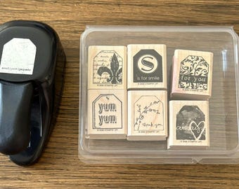 Stampin Up! Too Terrific Tags Stamps PLUS Large Tag Punch Bundle