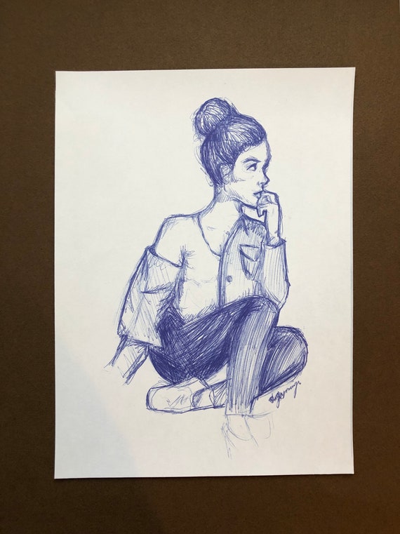 Pen Sketch Of A Girl Etsy
