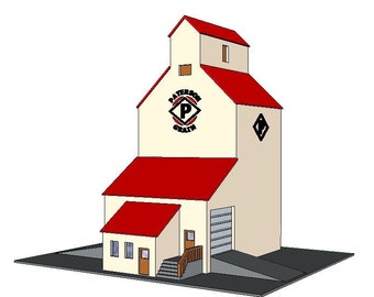 May include: A red and beige grain silo with a red roof and a sign that says "Patterson Grain" with a black "P" inside a diamond shape.