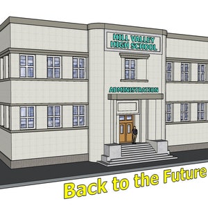 May include: A white building with a sign that reads "Hill Valley High School" and "Administration". A person stands in front of the building's entrance. The text "Back to the Future" is written below the building.