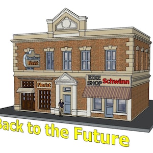 May include: A brick building with three storefronts. The storefronts are labeled "Broadway Florist", "Florist", and "Bike Shop Schwinn". The building has a sign that says "Back to the Future".