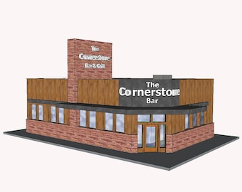 May include: A brick building with a wooden facade and a sign that reads "The Cornerstone Bar & Grill".
