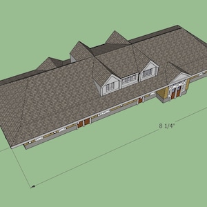 May include: A 3D model of a house with a gray shingled roof and a light brown exterior. The house is 8 1/4 inches long and 3 inches wide.