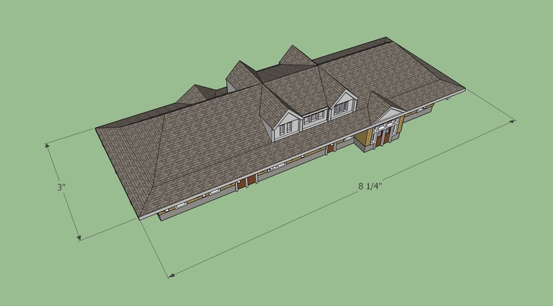 May include: A 3D model of a house with a gray shingled roof and a light brown exterior. The house is 8 1/4 inches long and 3 inches wide.